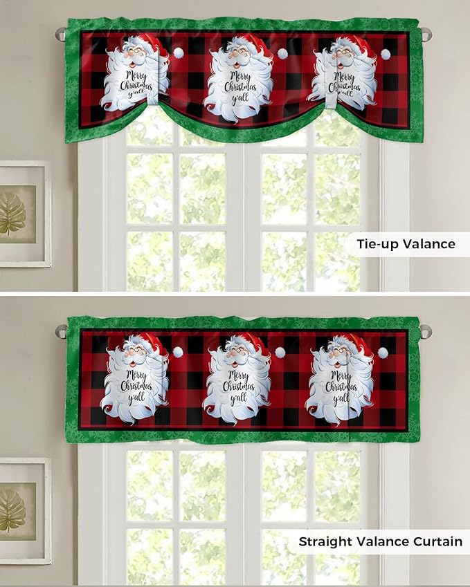 Merry Christmas Y'all Blackout Tie Up Valance Curtains for Kitchen Windows XMAS Santa Claus Window Toppers Balloon Shades for Living Room/Bathroom/Bedroom,1 Panel,54" X 18" Red Buffalo Plaid