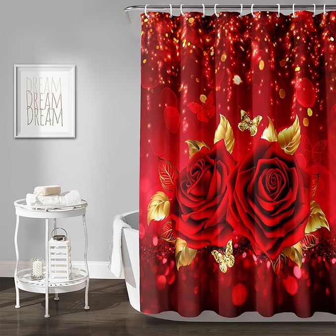 AILONEN Red Rose Shower Curtain for Bathroom,Romantic Rose Flower Waterproof Bath Curtain,Girls Women Curtain Bathroom Decor 60" W x 72" H with 12 Plastic Hooks