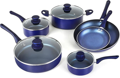 Clockitchen Non Stick Pots and Pan Set, Ceramic Cookware Set with Stay-Cool Handles, 10pcs Blue Induction Cooking Set Suitable for Gas, PFOA Free