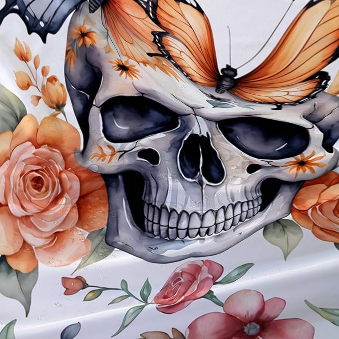 AILONEN 3D Sugar Skull Shower Curtain,Sunflower with Skeleton Design Shower Curtain Set with Hooks for Boys Girls,Butterfly Gothic Skull Waterproof Fabric Shower Curtain for Bathroom,48" W*72" H