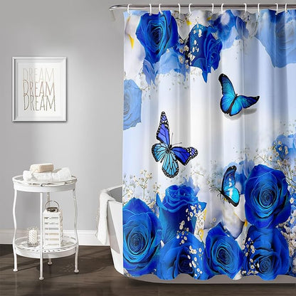 AILONEN Butterfly Shower Curtain for Girl Women,Blue Rose Shower Curtain Butterfly Floral Decor Bath Curtain 72" W*84" H Polyester Fabric Waterproof Bathroom Bathtub Curtain with 12 Hooks