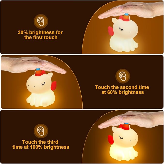 Unicorn Night Light for Kids, 3 Level Dimmable Cute Night Lamp for Girls, Led Rechargeable Squishy Silicone Small Nightlight Decor Gifts for Baby Nursery Toddler Bedroom