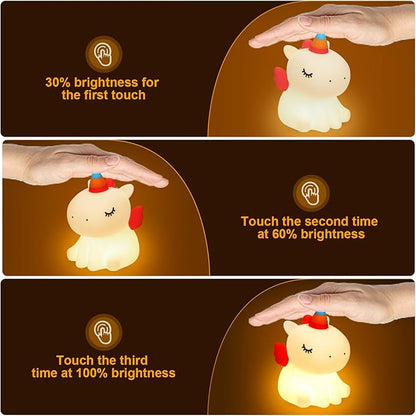 Unicorn Night Light for Kids, 3 Level Dimmable Cute Night Lamp for Girls, Led Rechargeable Squishy Silicone Small Nightlight Decor Gifts for Baby Nursery Toddler Bedroom