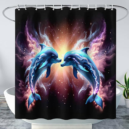 AILONEN 3D Dolphin Shower Curtain for Bathroom, Cute Kawaii Blue Ocean Dolphin Bath Curtain,Fantasy Smoky Print Black Curtain Waterproof with 12 Plastic Hooks for Boys Girls 72" W*78" H
