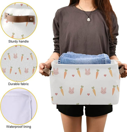 Carrots Rabbits Animal Pattern Storage Bin Collapsible Rectangular Storage Basket Large Fabric Storage Boxes Organizer 1PC with Leather Handles for Clothes Toys Books Kitchen Laundry