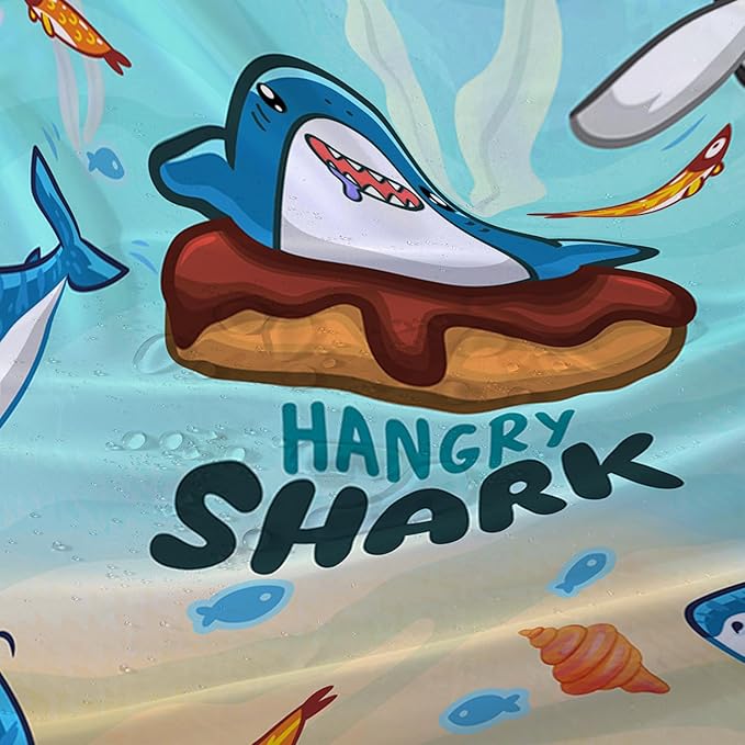 AILONEN Cartoon Shark Shower Curtain,Kawaii Donut Shark with Marine Life Bath Curtain Set for Kids Girls Boys,Fish Seaweed Fabric Shower Curtains for Bathroom, 72" W*96" H