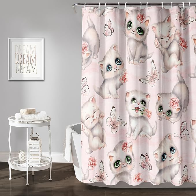 AILONEN Cat Kids Shower Curtain 48" W*72" H for Girls Teen,Kawaii Cat Butterfly Bath Curtain,Girls Pink Shower Curtain,Cat Lover Bathroom Curtain Decor Polyester Waterproof Curtain with 12 Hooks