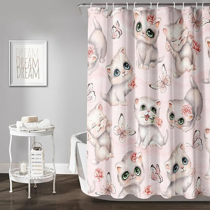 AILONEN Cat Kids Shower Curtain 72" W*72" H for Girls Teen,Kawaii Cat Butterfly Bath Curtain,Girls Pink Shower Curtain,Cat Lover Bathroom Curtain Decor Polyester Waterproof Curtain with 12 Hooks