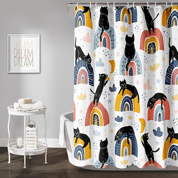 AILONEN Cat Shower Curtain, Rainbow Cat Bath Curtain,Cute Black Cat Bathroom Curtain Decor,Cat Lover Polyester Waterproof 72" W*96" H Shower Curtain (12 Hooks)