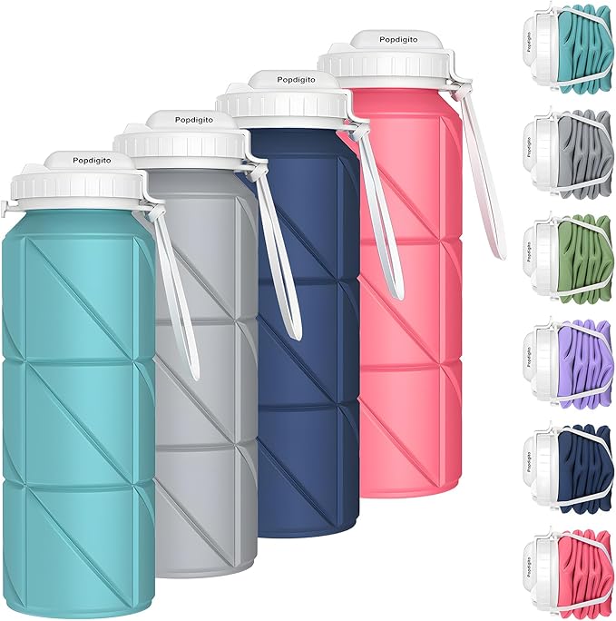 4 pack Collapsible Water Bottles Reusable Leakproof Silicone Water Bottle BPA Free Durable Foldable Sports Bottles & straw 23oz Lightweight Bottle