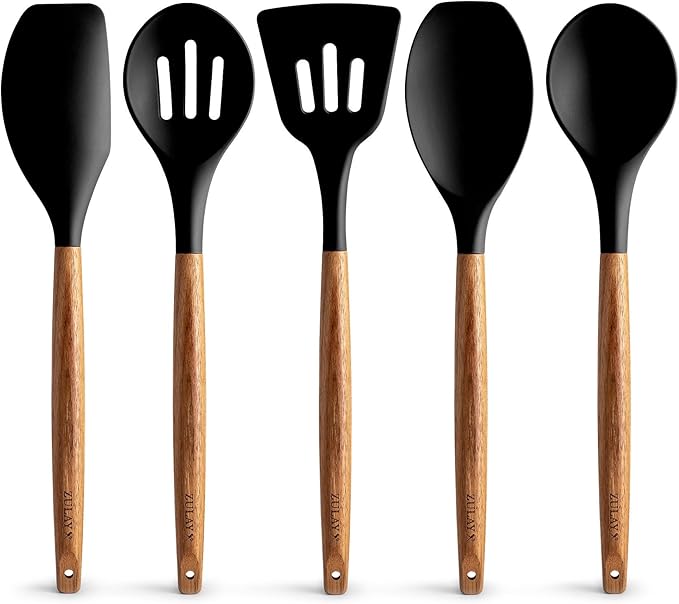Zulay Kitchen Utensils Set Non-Stick Silicone Cooking Utensils Set with Authentic Acacia Wood Handles - 5 Piece Silicone Utensil Set - Silicone Kitchen Utensils Set with 464°F Heat Resistance - Black