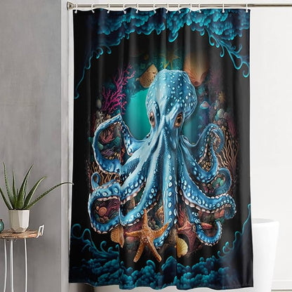 AILONEN Cartoon Blue Octopus Shower Curtain for Bathroom,Funny Octopus Bath Curtain for Kids,Boys,Girls,Ocean Animal Starfish Theme Waterproof Fabric Shower Curtain Set with Hooks,60" W*72" H