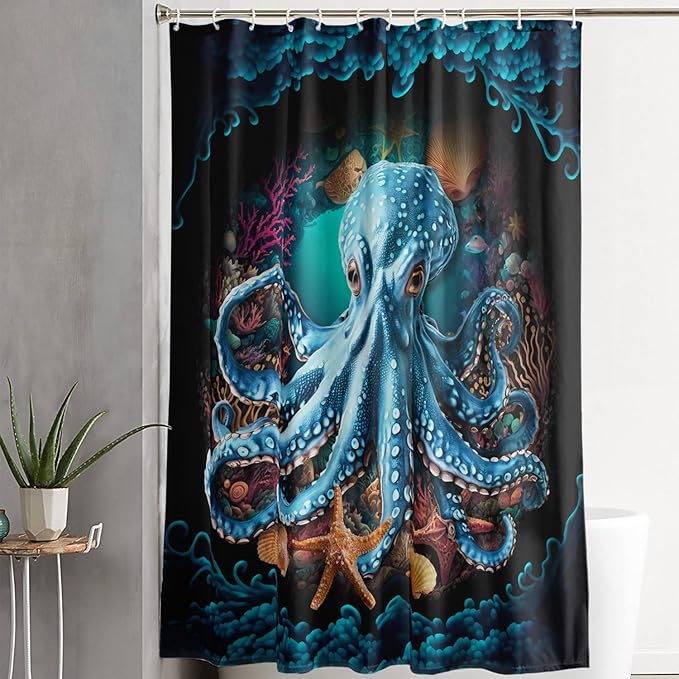 AILONEN Cartoon Blue Octopus Shower Curtain for Bathroom,Funny Octopus Bath Curtain for Kids,Boys,Girls,Ocean Animal Starfish Theme Waterproof Fabric Shower Curtain Set with Hooks,72" W*72" H