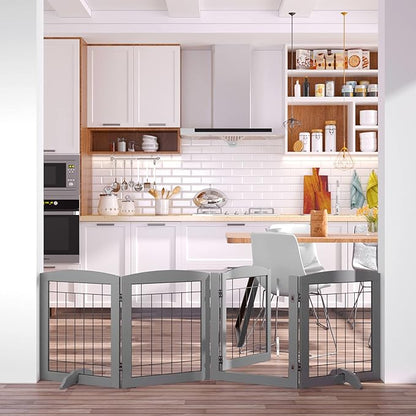 Folding Pet Gate 80" Wide, 24" Tall No-Assembly Wooden Dog Gate with Door Walk Through, Freestanding Wire Pet Gate, Pet Puppy Safety Fence, with 2PCS Support - Gray