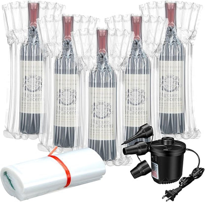 300 Pcs Wine Bottle Travel Protector Bags, Inflatable Air Column Packaging Bubble Bag with Reusable Inflator Pump, Reusable Wine Bottle Protector Air Cushion Bags for Travel Shipping