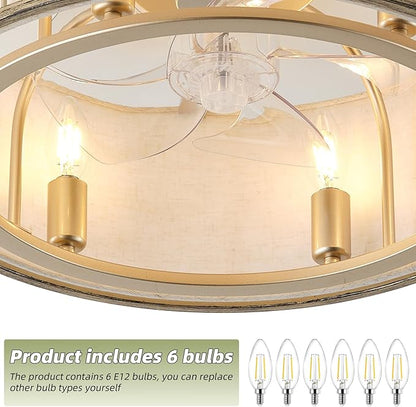 20 Inch Gold Crystal Ceiling Fan with Light, Caged Crystal Ceiling Fan with Light Remote Control, Flush Mount with 6 Speeds for Bedroom, Nursery, Living Room (6 E12 Bulb Includ) (Gold)