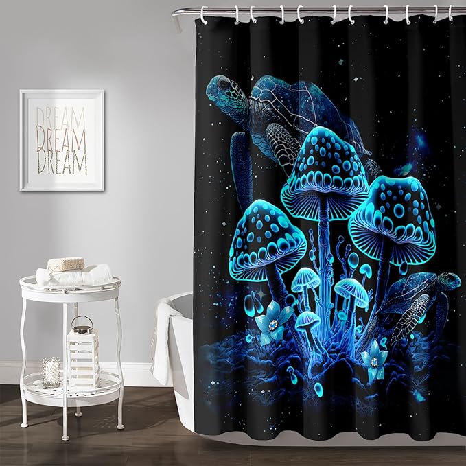 AILONEN Blue Magic Mushroom Shower Curtain,Cartoon Turtle Pattern Shower Curtain Set for Kids Girls Boys,Boho Style Bathroom Decor Shower Curtain with 12 Hooks,72" W*78" H