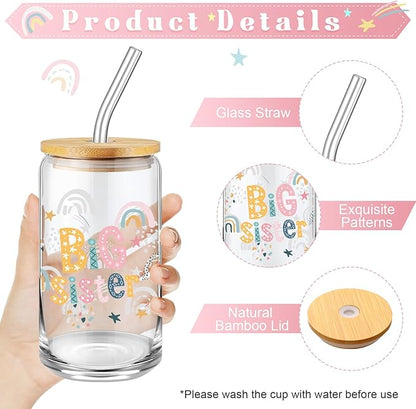 4 Pcs Big Sister Gifts for Girls Cute Big Sister 16oz Glass Tumbler Cup Makeup Bag Sister Bracelet and Scrunchies Best Sister Gift for Little Girls of New Baby Birthday Baby Shower