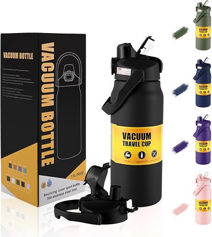 50oz/1.5L Insulated Sports Water Bottle, Stainless Steel Double Wall Water Jug with Handle, 2-in-1 Chug Spout and Straw Lid with Lock Cover for School, Outdoor, Sports & Travel, Black