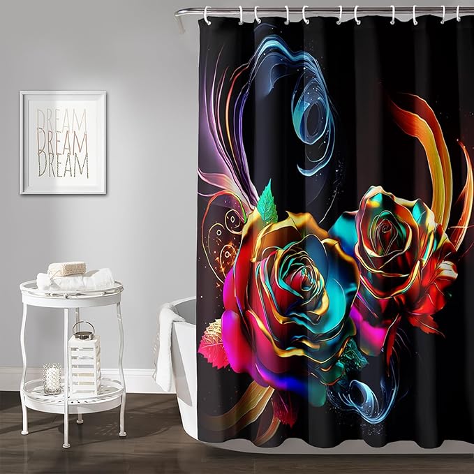 AILONEN Gold Rose Flower Shower Curtain for Kids Girls Teens,Butterfly Rose Flower Bath Curtain for Bathroom Decor,Romantic Polyester Waterproof with 12 Plastic Hooks 72" W*84" H