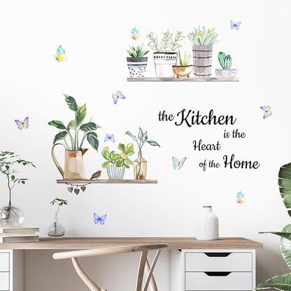 Green Plants Shelves Wall Deals Potted Plants Leaves Wall Stickers The Kitchen is The Heart of Home Word Saying Peel and Stick Wall Art Decals for Kitchen Dining Room Restaurant Living Room Wall Decor