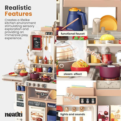 72-Piece Kids Play Kitchen Set: 27.16 x 10.62 x 36.61 Inches, Interactive Features, Realistic Design, and Educational Fun for Ages 3 and Up (Light Brown 72)