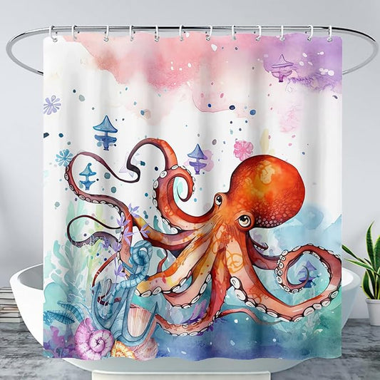AILONEN Lovely Octopuses Shower Curtain Set, Red Cartoon Octopus Waterproof Fabric Shower Curtain for Bathroom,Watercolor Nautical Anchor Theme Cloth Bath Curtain with Hooks,36" Wx72 H