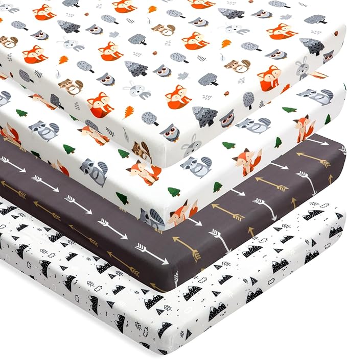 4 Pack N Play Sheets Woodland Forest Animals Wood Neutral Unisex Fitted Baby N Play Sheets Fitted for Standard Pack and Plays and Mini Cribs Set for Baby Boys or Girls