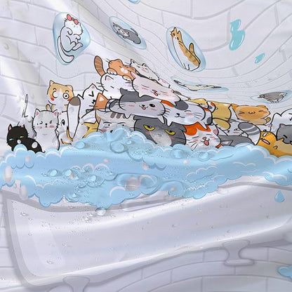 AILONEN Cute Cats Shower Curtain Raining for Kids 72" W*78" H Inch,Kawaii Hilarious Pet Playing Water Shower Curtain,12 Pack Hooks Polyester Waterproof Fabric Decor for Bathroom Bathtub Panels