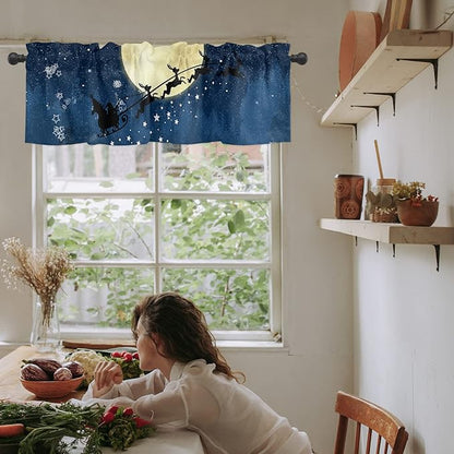 Christmas Kitchen Curtains Valances for Windows Santa Claus Reindeer Rod Pocket Window Treatment for Kitchen/Living Room/Bedroom/Bathroom,60" X 18" -1 Panel, Blue Snowy Night