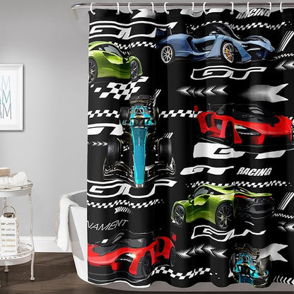 AILONEN Boys Racing Car Shower Curtain,Extreme Sports Car Bath Curtain for Kids Teen,Cool Speed Car Racer Waterproof Black Curtain for Bathroom Decor, 36" W x 72" H
