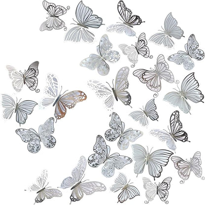 3D Butterfly Wall Decor 3 Sizes 4 Styles, Kurilai 48Pcs Butterfly Decorations Party Birthday Cake Decoration, Removable Wall Stickers for Kids Nursery Wedding Bedroom Room Decor (Silver)