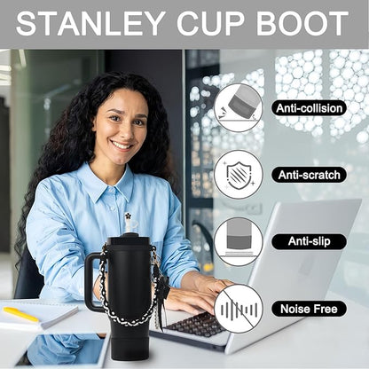 BELSITA Stanley Cup Accessories Set, Bow Pearl Chain Braided Design Water Bottle Handle Strap, Silicone Stanley Cup Boot, Stanley Charms for Stanley Cup 30/40oz Tumble (Black)