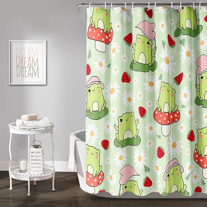 AILONEN Cute Frog Shower Curtain for Bathroom, Kawaii Strawberry and Frog Bath Curtain,Mushroom Frog Kids Girls Waterproof Curtain with 12 Plastic Hooks(36" W*72" H)