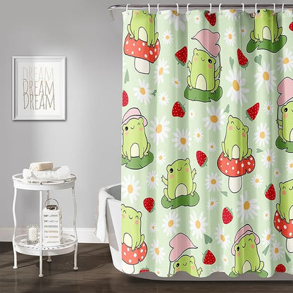 AILONEN Cute Frog Shower Curtain for Bathroom, Kawaii Strawberry and Frog Bath Curtain,Mushroom Frog Kids Girls Waterproof Curtain with 12 Plastic Hooks(72" W*78" H)