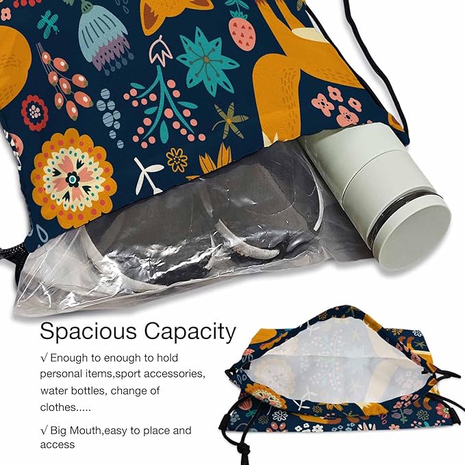Drawstring Bag Cute Fox Waterproof Basketball Bag Colorful Flower Red Bird Autumn Plants Stroage Small Exercise Accessiors Water Bottle Change of Clothes Shoes Ball
