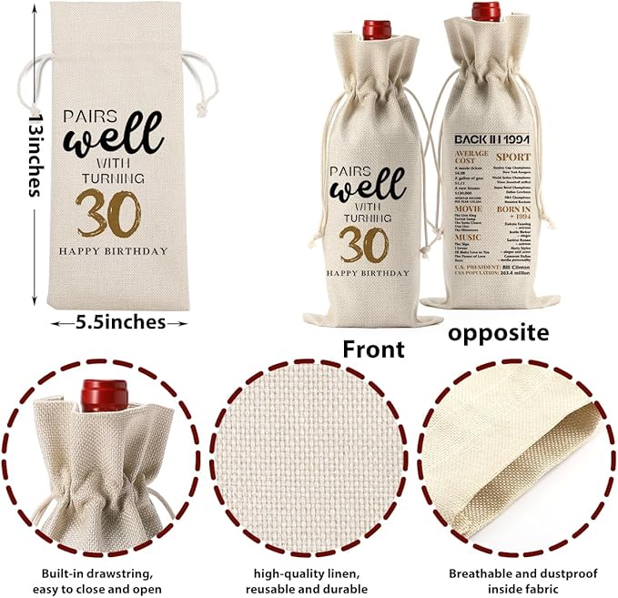 30th Birthday Gifts Women Men, Best Gifts for 30 Year Old Man Mom Dad Friends Wine Gift Bag, Wine Accessories Gifts Anniversary 30th Birthday Decorations Wine Bag Wine Bags for Wine Bottles Gifts