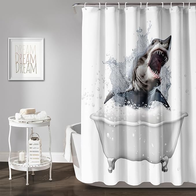 AILONEN 3D Bathtub Shark Shower Curtain for Kids 180 * 200 Inch,Fierce Shark in a Bathtub Shower Curtain,12 Pack Hooks Polyester Waterproof Fabric Decor for Bathroom Bathtub Panels