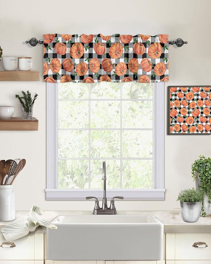 Fall Kitchen Curtains Valances for Windows Thanksgiving Halloween Pumpkins Rod Pocket Window Treatment for Kitchen /Living Room/Bedroom/ Bathroom,42" X 12", Farmhouse Black White Buffalo Plaid