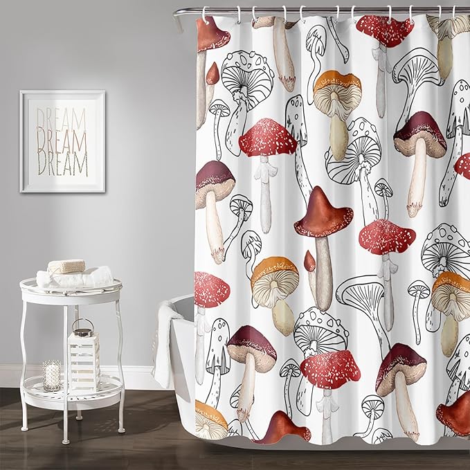 AILONEN Cartoon Mushroom Shower Curtain,Modern Shabby Chic Plants Fungus Themed Waterproof Bath Curtain,Minimalist Curtain for Bathroom Decor, 60" W x 72" H
