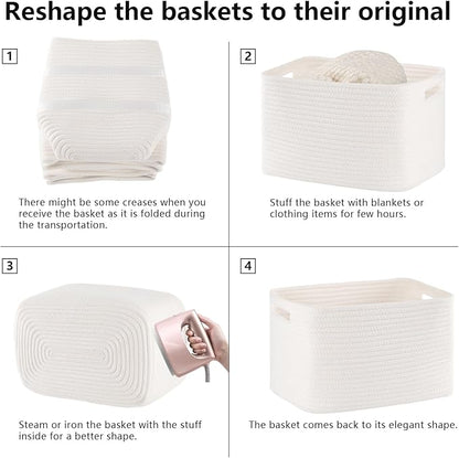 4 Pack Storage Baskets for Organizing Toys, Towels, and Clothes, Woven Basket for Shelves, Sturdy Nursery Cube Bins for Storage, 13''L x9''W x7.8''H, White