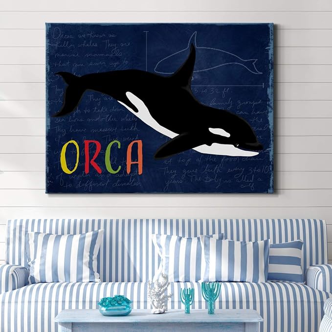 Renditions Gallery Canvas Animal Wall Art Modern Decorations Paintings Colorful Playful Orca Abstract Black & White Vibrant Artwork Canvas Prints for Kids Bedroom Nursery - 24"x36" LT33