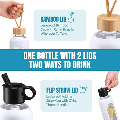 24oz Glass Water Bottle With 2 Lids-Flip Straw Lid, Bamboo Lid, Glass Water Bottle With Silicone Sleeve, Motivational Time Marker, Glass Juice Bottle for Cold Drink,White
