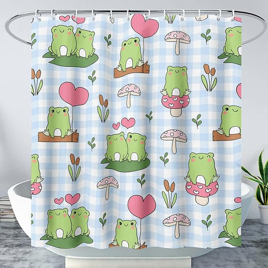 AILONEN Kawaii Frog Shower Curtain,Cute Cartoon Mushroom Frog Bath Curtain,Romantic Frog Couple Hearts Printed Waterproof Blue Stripe Curtain, 48" W x 72" H