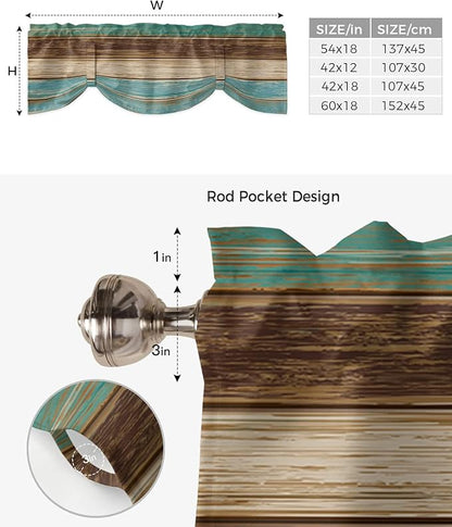 Farmhouse Blackout Tie Up Valance Curtains for Kitchen Windows Teal Turquoise Green Brown Country Window Toppers Balloon Shades for Living Room/Bathroom/Bedroom,42" X 12" Retro Rustic Barn Wood