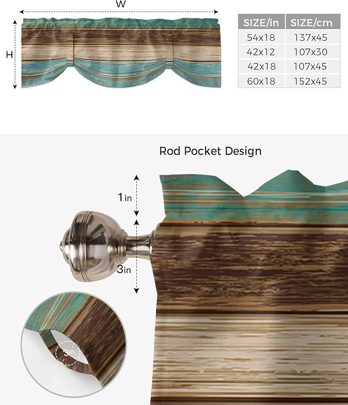Farmhouse Blackout Tie Up Valance Curtains for Kitchen Windows Teal Turquoise Green Brown Country Window Toppers Balloon Shades for Living Room/Bathroom/Bedroom,42" X 18" Retro Rustic Barn Wood