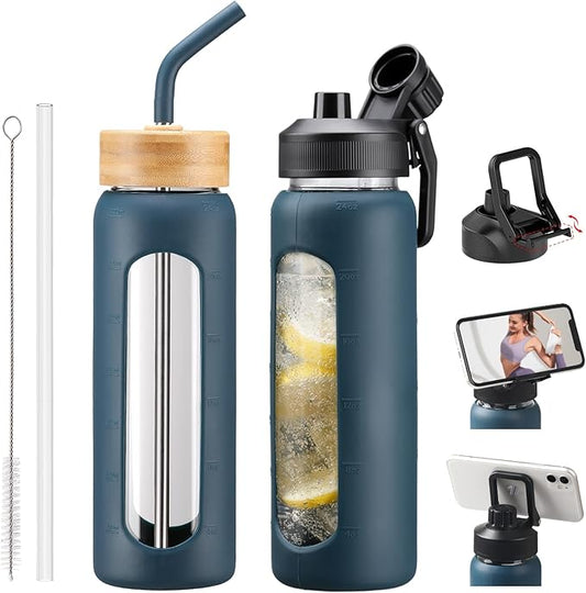 Glass Water Bottles with Straw -24oz- Water Bottle Phone Holder for Gym Sports Water Bottles with Silicone Sleeve Glass Drinking Bottles 2 Lids - Spout & Bamboo Straw Lid(Dark Blue)