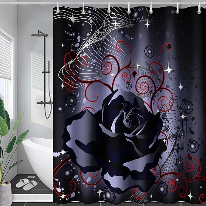 AILONEN Black Rose Shower Curtain for Women,Music Rose Bath Curtain for Bathroom Decor,Red and Black Art Polyester Waterproof for Girls with 12 Plastic Hooks,72" W*96" H Black