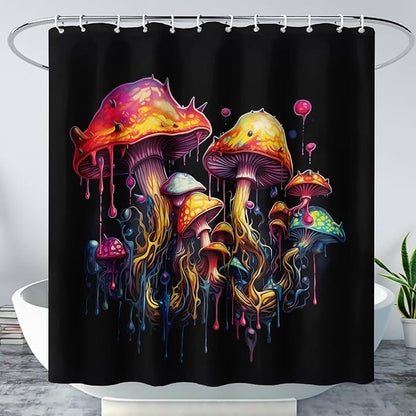 AILONEN Mushroom Shower Curtain,Oil Painting Mushroom Bath Curtain,Cartoon Mushroom Magic Fungus Print Black Waterproof Shower Curtain with 12 Plastic Hooks, 48" W x 72" H