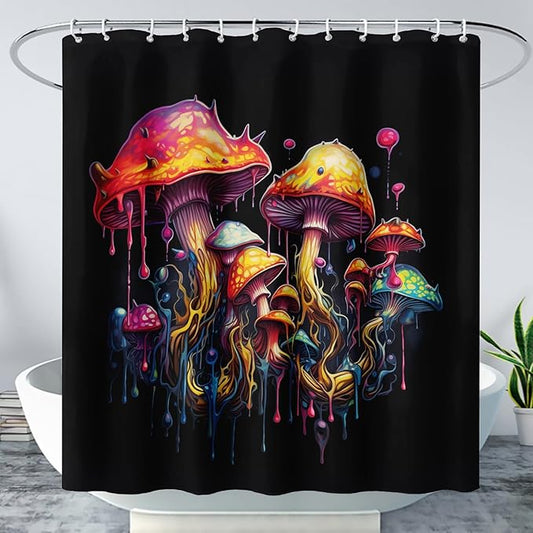 AILONEN Mushroom Shower Curtain,Oil Painting Mushroom Bath Curtain,Cartoon Mushroom Magic Fungus Print Black Waterproof Shower Curtain with 12 Plastic Hooks, 36" W x 72" H